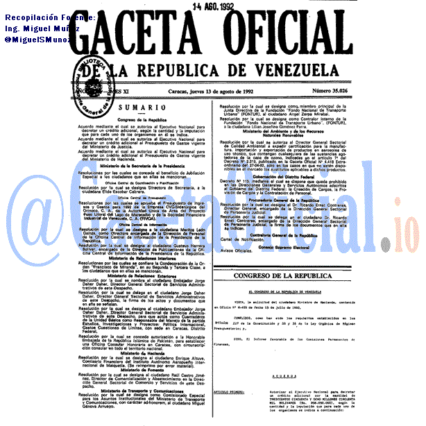 Gaceta Oficial 35026 del 13 Agosto 1992