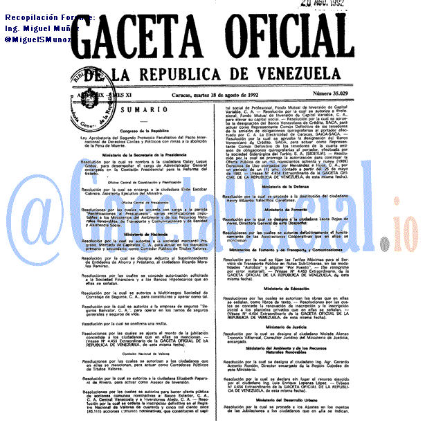 Gaceta Oficial 35029 del 18 Agosto 1992