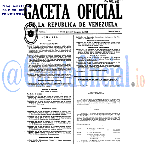 Gaceta Oficial 35031 del 20 Agosto 1992