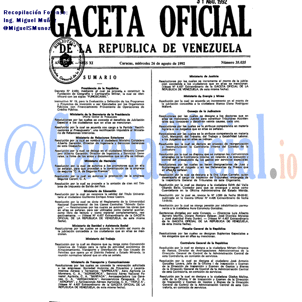 Gaceta Oficial 35035 del 26 Agosto 1992