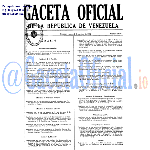 Gaceta Oficial 35062 del 2 Octubre 1992