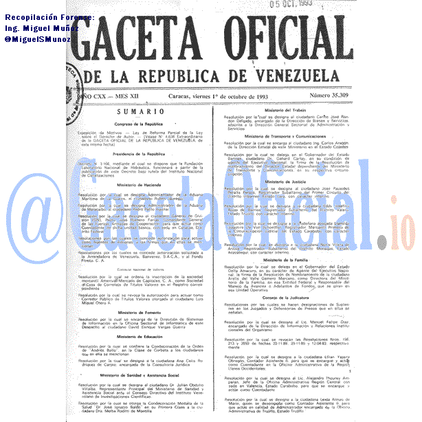 Gaceta Oficial 35309 del 1 Octubre 1993