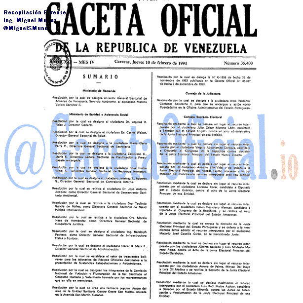 Gaceta Oficial 35400 del 10 Febrero 1994