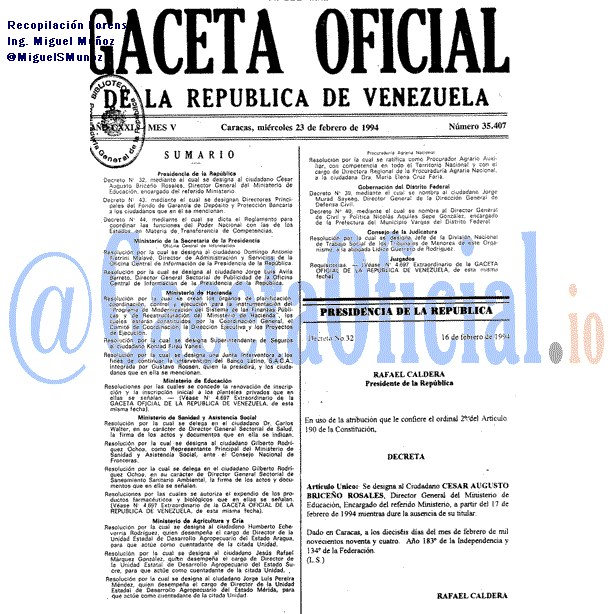 Gaceta Oficial 35407 del 23 Febrero 1994