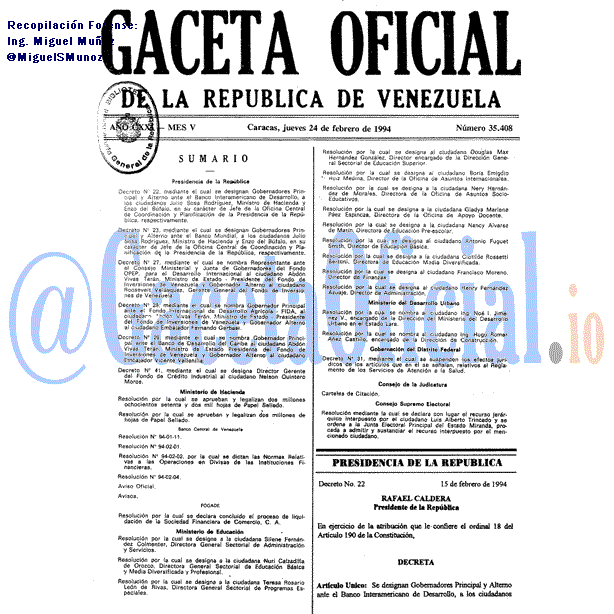 Gaceta Oficial 35408 del 24 Febrero 1994