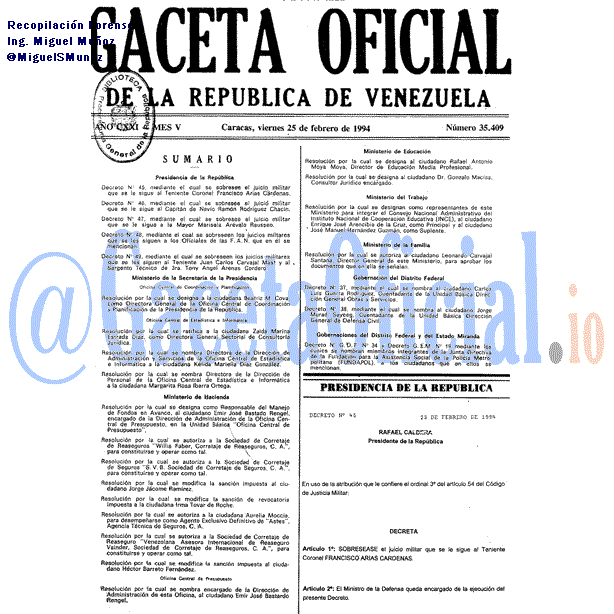 Gaceta Oficial 35409 del 25 Febrero 1994
