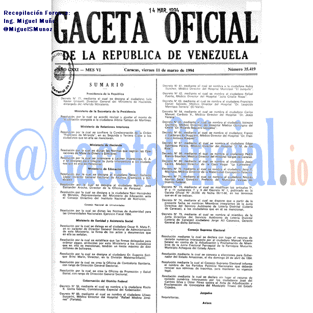 Gaceta Oficial 35419 del 11 Marzo 1994