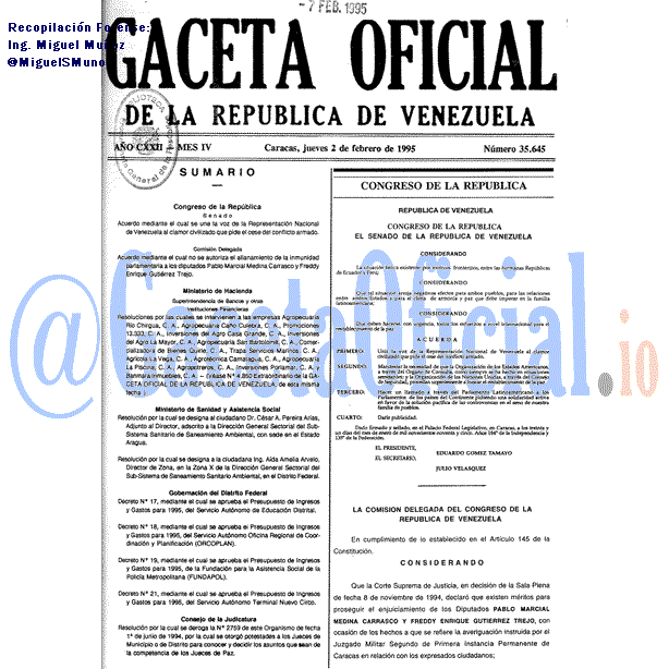 Gaceta Oficial 35645 del 2 Enero 1995