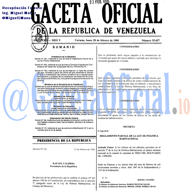 Gaceta Oficial 35657 del 20 Febrero 1995