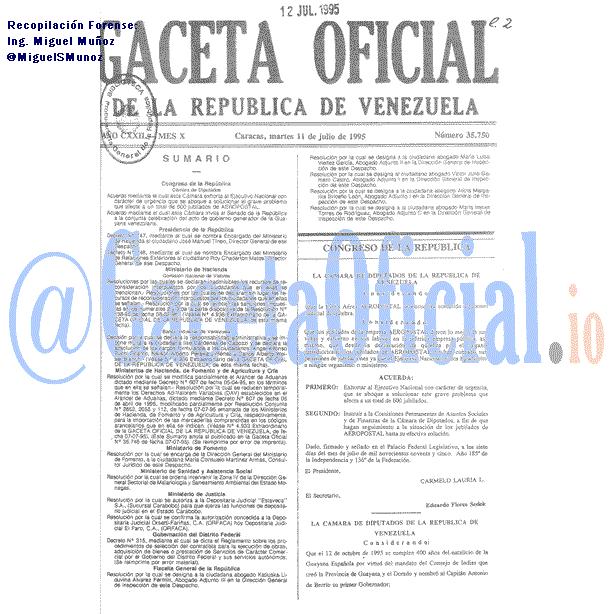 Gaceta Oficial 35750 del 11 Julio 1995