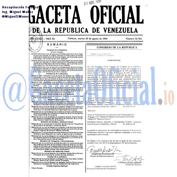 Gaceta Oficial 35784 del 29 Agosto 1995