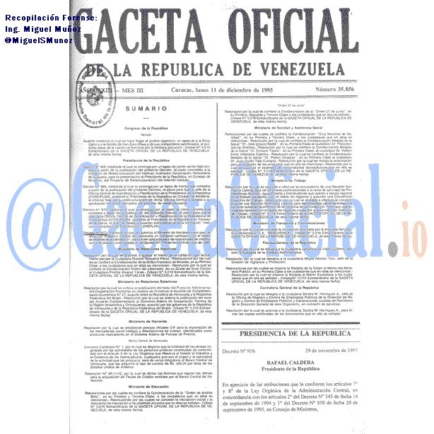 Gaceta Oficial 35856 del 11 Diciembre 1995