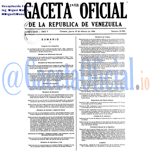 Gaceta Oficial 35902 del 15 Febrero 1996