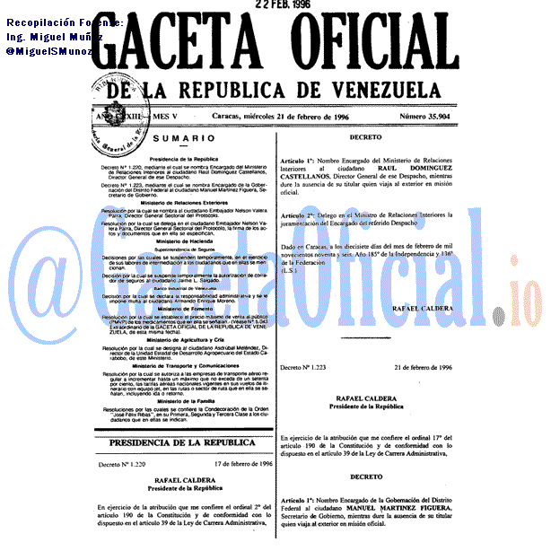 Gaceta Oficial 35904 del 21 Febrero 1996