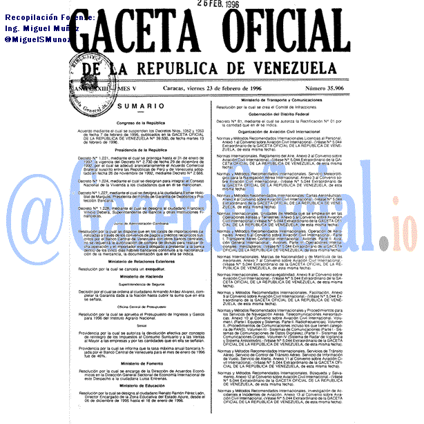 Gaceta Oficial 35906 del 23 Febrero 1996