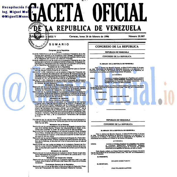 Gaceta Oficial 35907 del 26 Febrero 1996