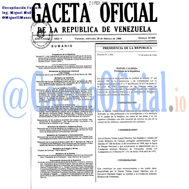 Gaceta Oficial 35909 del 28 Febrero 1996