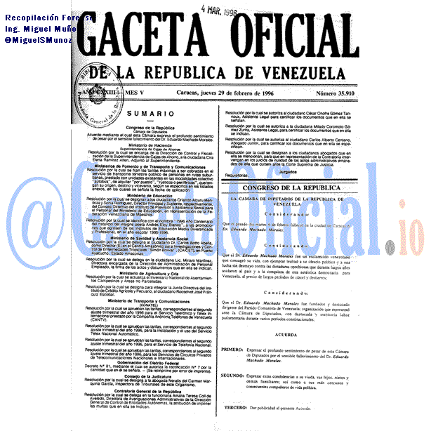 Gaceta Oficial 35910 del 29 Febrero 1996