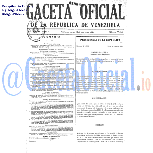 Gaceta Oficial 35920 del 14 Marzo 1996