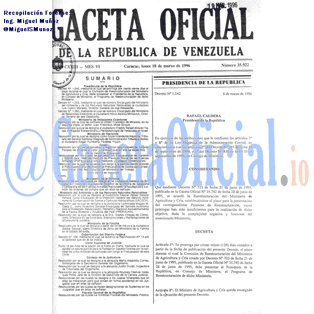 Gaceta Oficial 35922 del 18 Marzo 1996