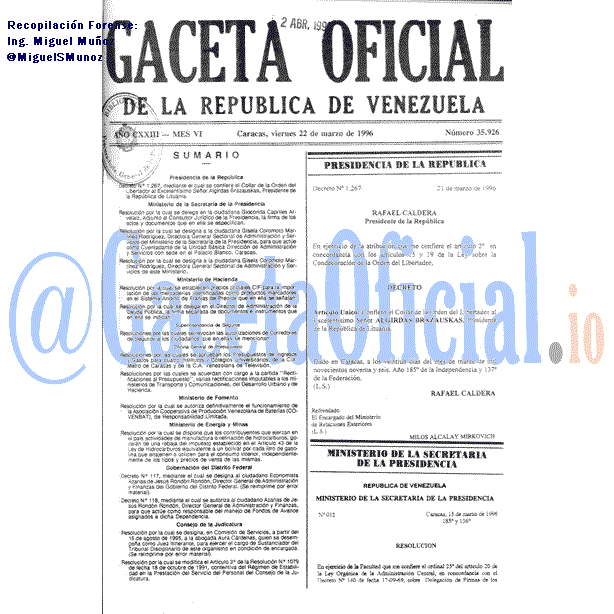Gaceta Oficial 35926 del 22 Marzo 1996