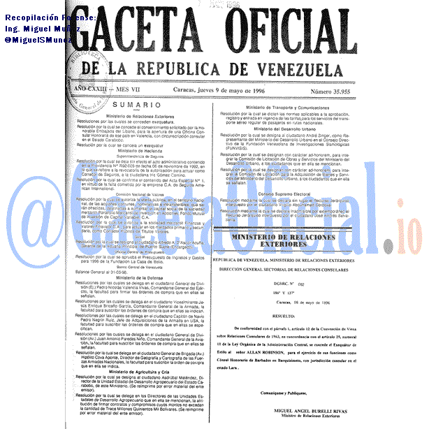 Gaceta Oficial 35955 del 9 Mayo 1996