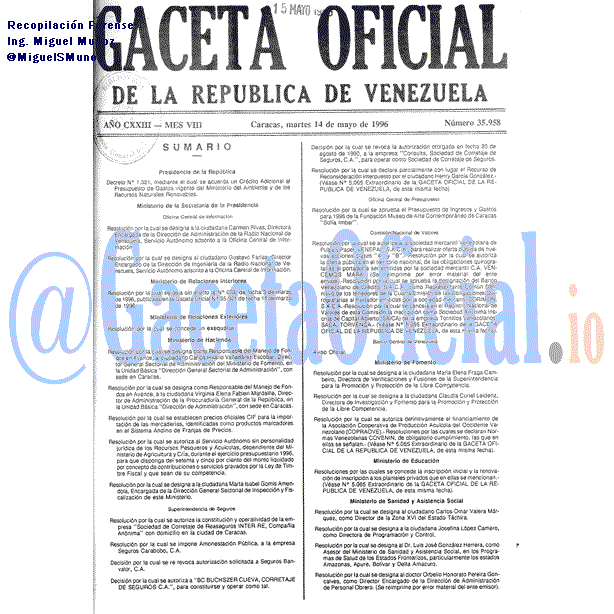 Gaceta Oficial 35958 del 14 Mayo 1996