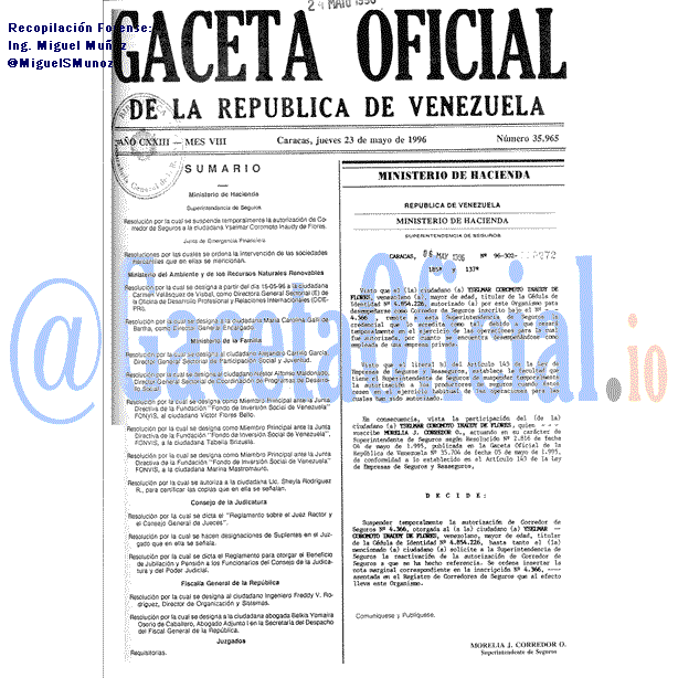Gaceta Oficial 35965 del 23 Mayo 1996