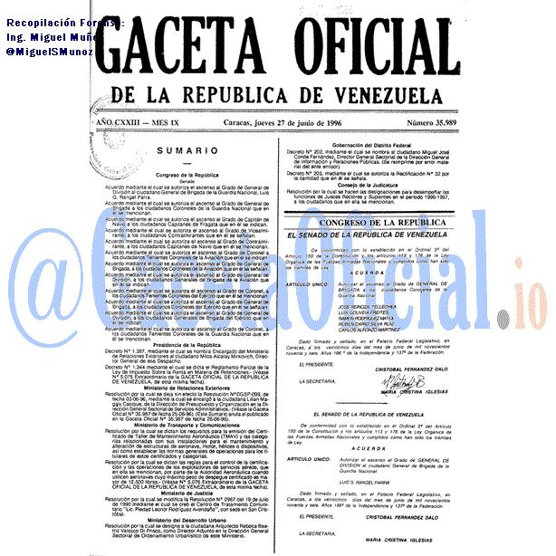 Gaceta Oficial 35989 del 27 Junio 1996