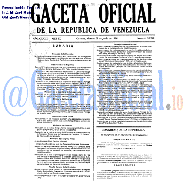 Gaceta Oficial 35990 del 28 Junio 1996