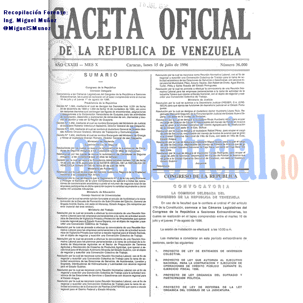 Gaceta Oficial 36000 del 15 Julio 1996