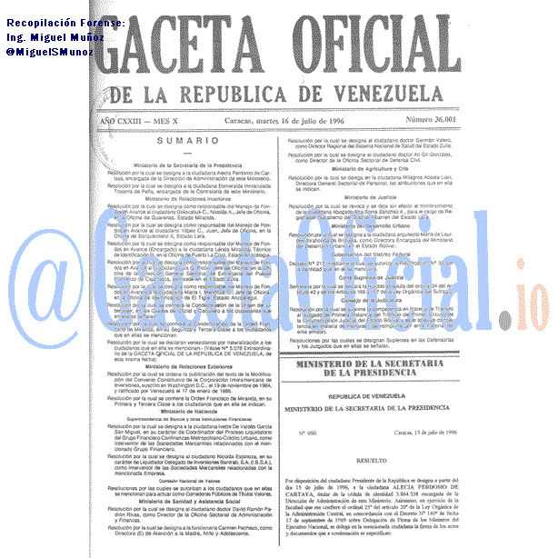 Gaceta Oficial 36001 del 16 Julio 1996