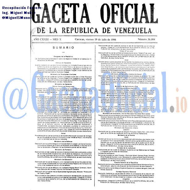 Gaceta Oficial 36004 del 19 Julio 1996