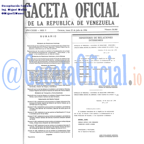 Gaceta Oficial 36005 del 22 Julio 1996