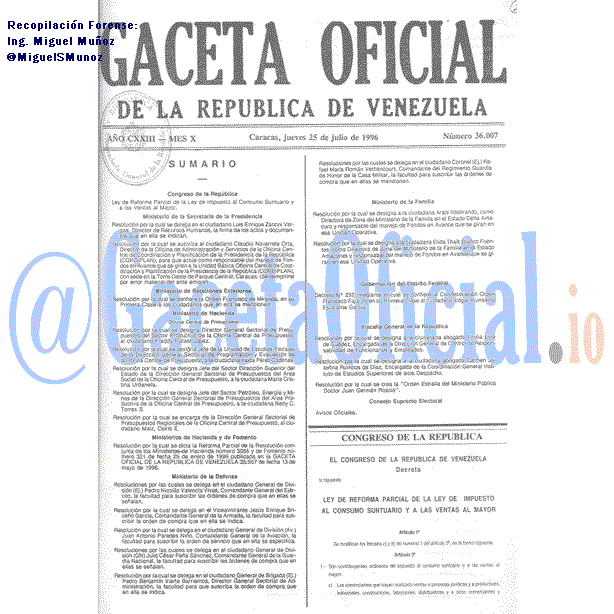 Gaceta Oficial 36007 del 25 Julio 1996