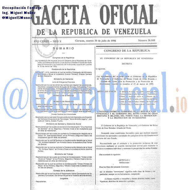 Gaceta Oficial 36010 del 30 Julio 1996