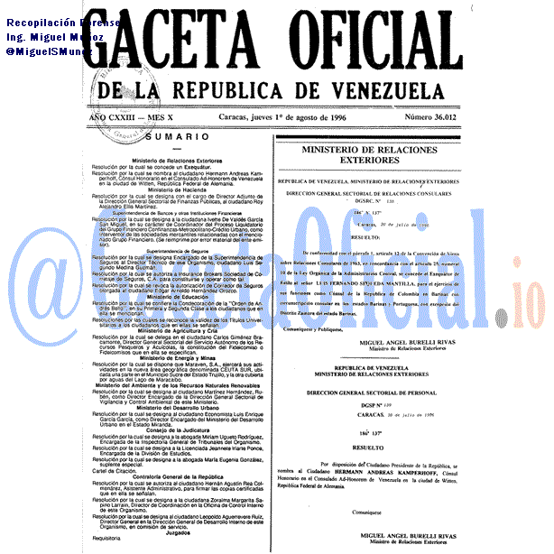 Gaceta Oficial 36012 del 1 Agosto 1996