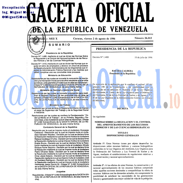 Gaceta Oficial 36013 del 2 Agosto 1996