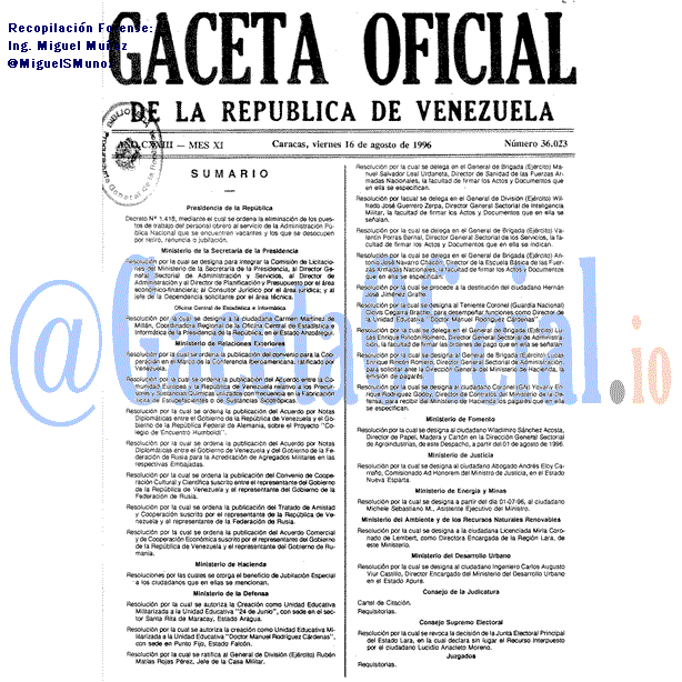 Gaceta Oficial 36023 del 16 Agosto 1996