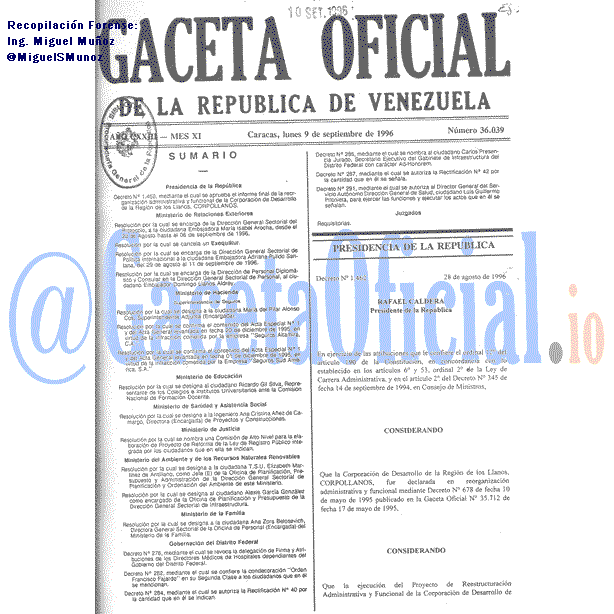 Gaceta Oficial 36039 del 9 Septiembre 1996