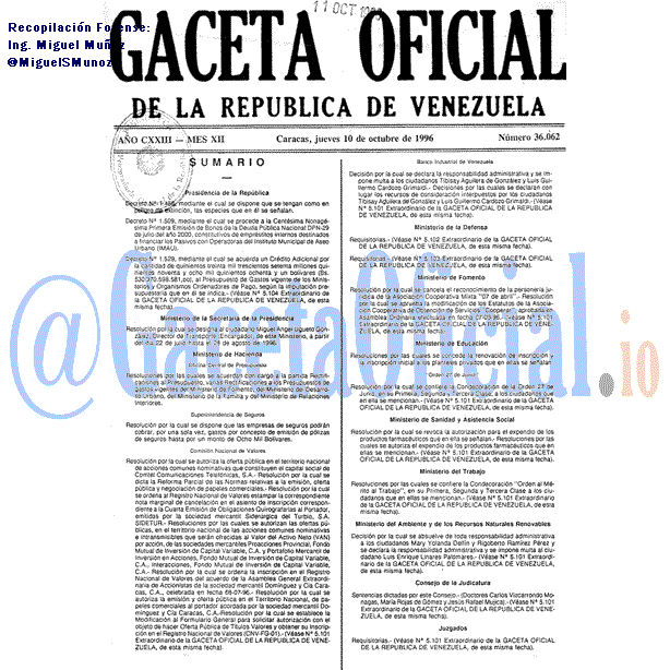 Gaceta Oficial 36062 del 10 Octubre 1996