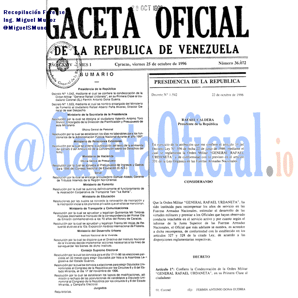 Gaceta Oficial 36072 del 25 Octubre 1996