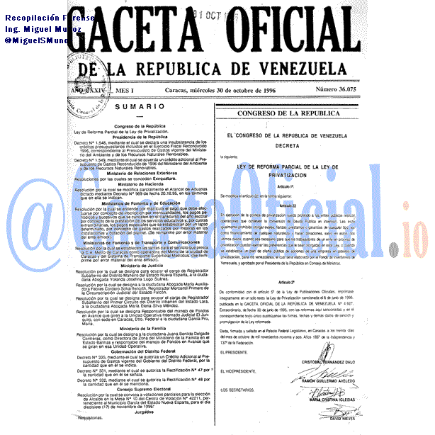 Gaceta Oficial 36075 del 30 Octubre 1996