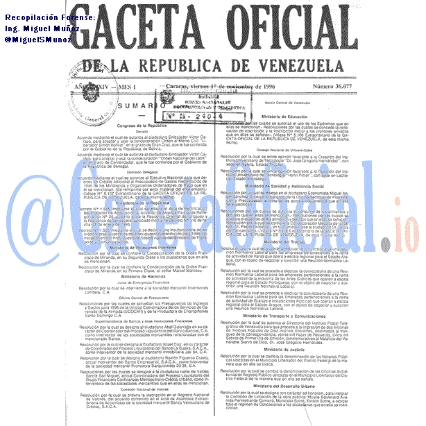 Gaceta Oficial 36077 del 1 Noviembre 1996