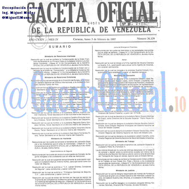 Gaceta Oficial 36139 del 3 Febrero 1997