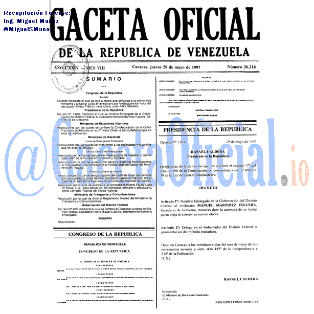 Gaceta Oficial 36216 del 29 Mayo 1997