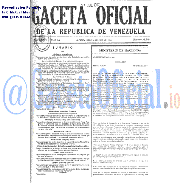 Gaceta Oficial 36240 del 3 Julio 1997