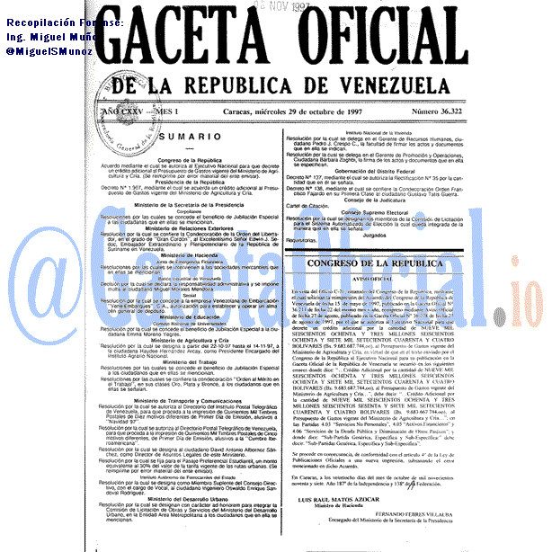 Gaceta Oficial 36322 del 29 Octubre 1997