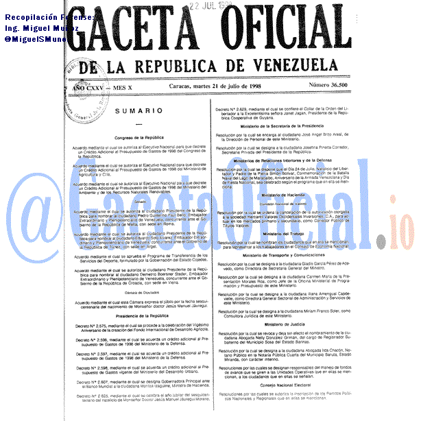Gaceta Oficial 36500 del 21 Julio 1998