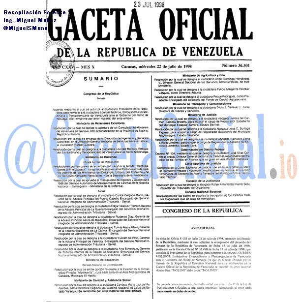 Gaceta Oficial 36501 del 22 Julio 1998